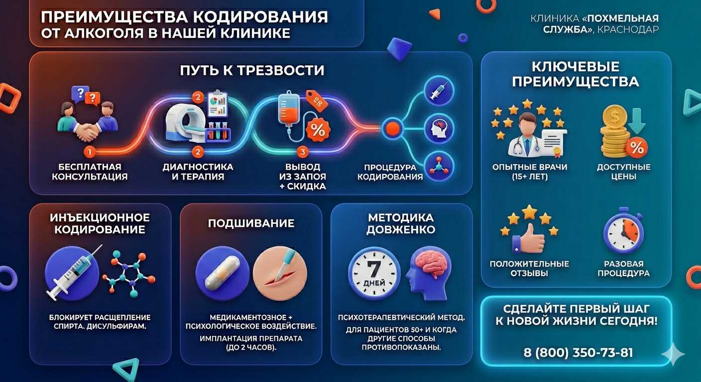 Инфографика о методах кодирования от алкоголя в Софрино: инъекции, подшивание, метод Довженко. Преимущества клиники и этапы лечения.